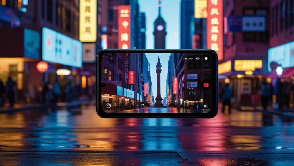 Google Pixel 9 Pro XL with triple rear cameras capturing a low-light cityscape and zoomed-in landmark detail.