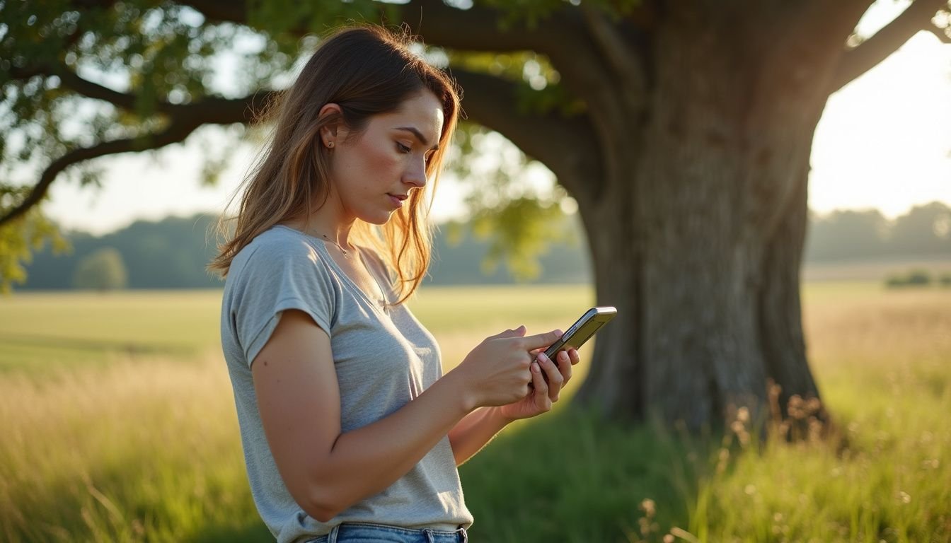 A woman intently uses her iPhone outdoors, surrounded by nature. A woman intently uses her iPhone outdoors, surrounded by nature.
