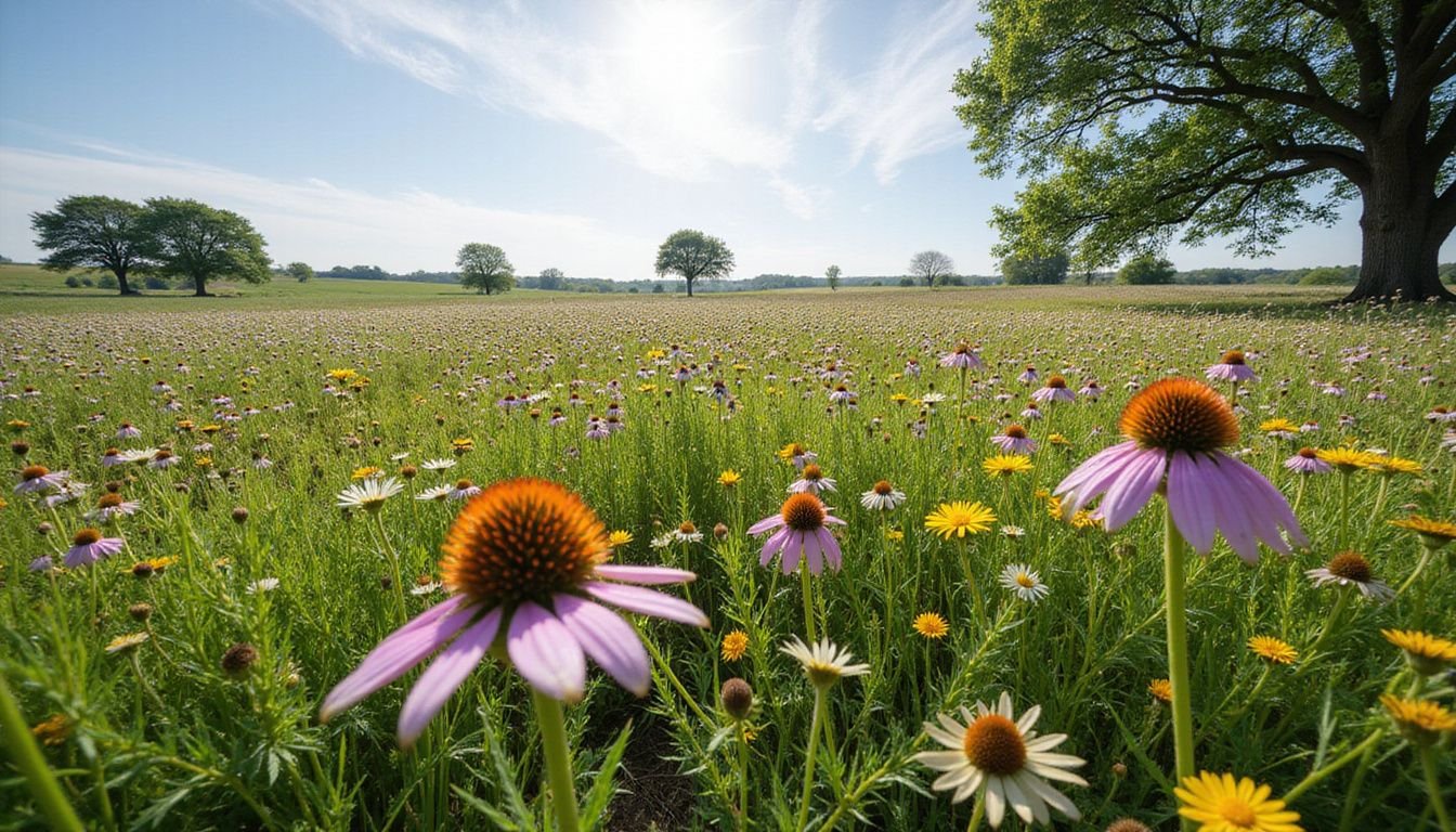 A vibrant summer meadow filled with diverse wildflowers in bloom. A vibrant summer meadow filled with diverse wildflowers in bloom.