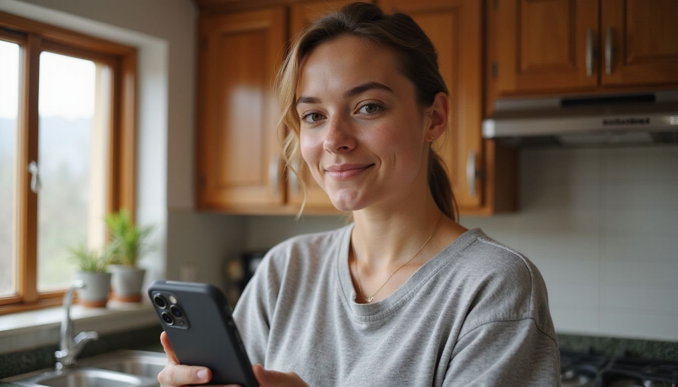 A young adult smiles confidently while holding an iPhone in a kitchen. A young adult smiles confidently while holding an iPhone in a kitchen.