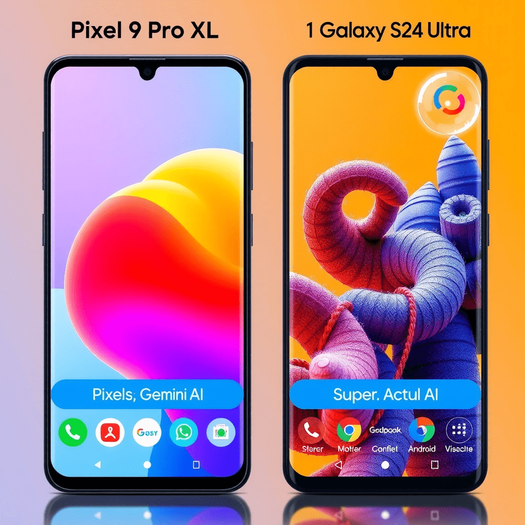 Google Pixel 9 Pro XL and Samsung Galaxy S24 Ultra side-by-side with vibrant displays, highlighting Gemini AI and Super Actua features.