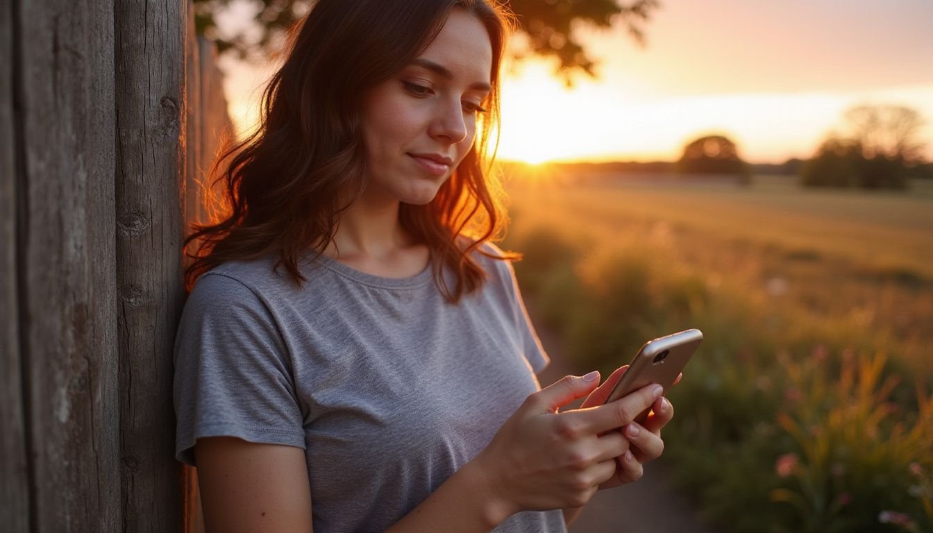 A woman stands outdoors, using a smartphone amidst natural beauty. A woman stands outdoors, using a smartphone amidst natural beauty.