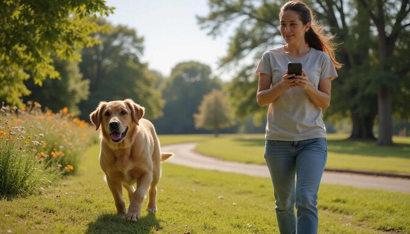 A woman captures her golden retriever playing in a park.