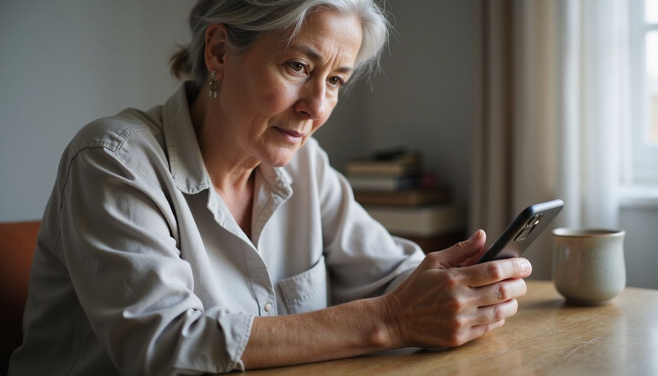 An older woman intently adjusts her iPhone at a desk. An older woman intently adjusts her iPhone at a desk.