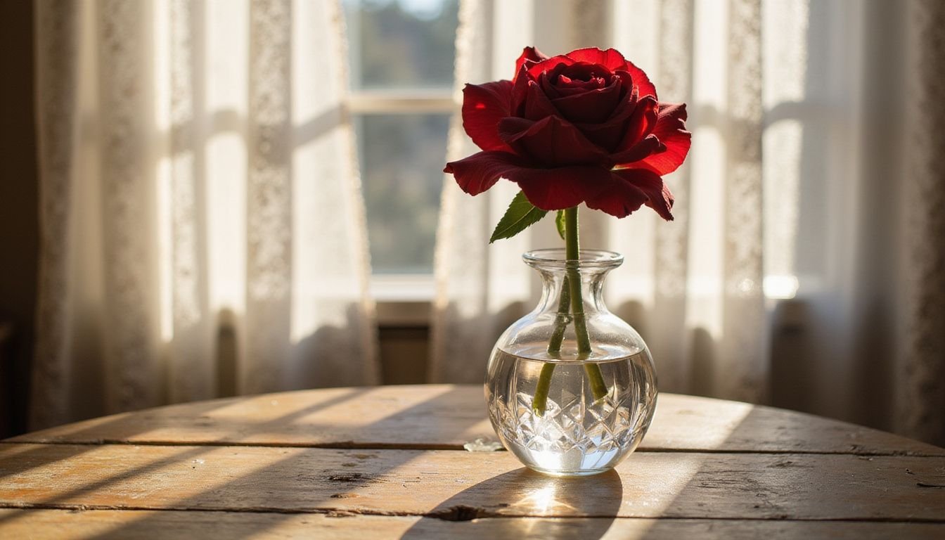 A single deep red rose in a crystal vase on a rustic table. A single deep red rose in a crystal vase on a rustic table.