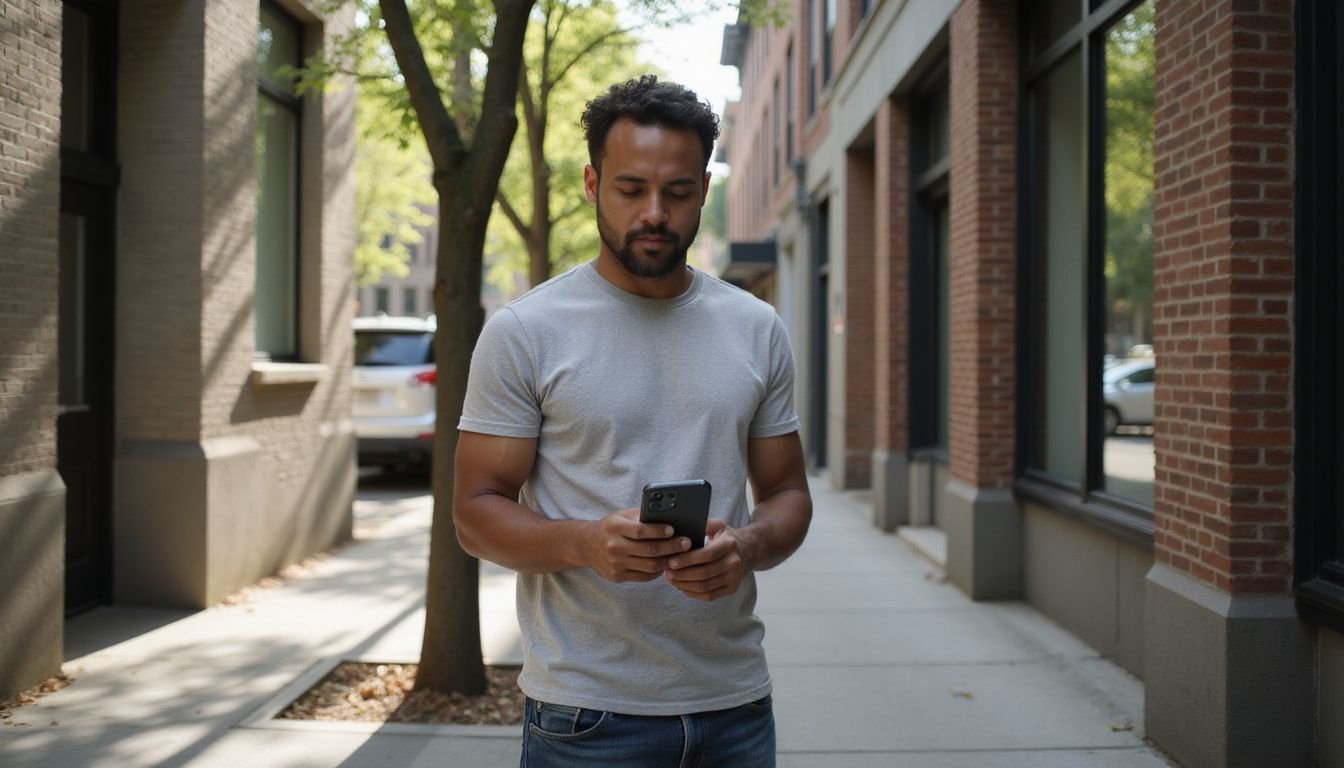 A person casually uses an iPhone on a city sidewalk. A person casually uses an iPhone on a city sidewalk.