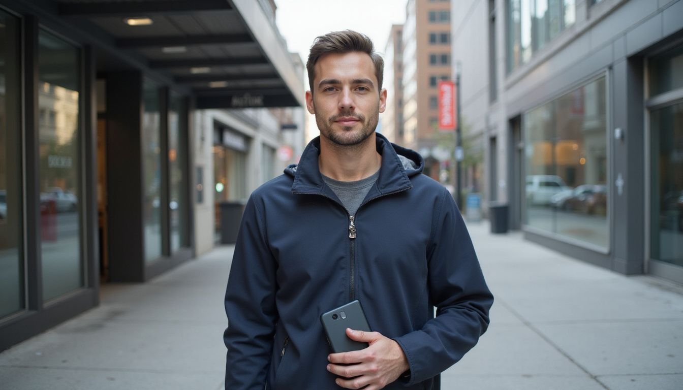 A man stands on a city sidewalk holding a Google Pixel 9 Pro XL.
