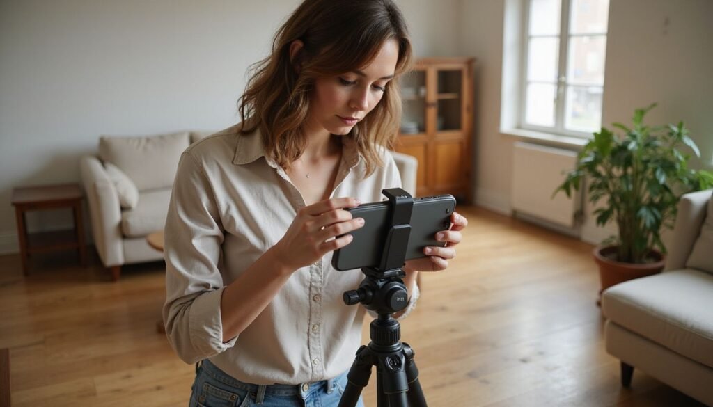 Person holding an iPhone 16 Pro Max, adjusting camera settings to take professional photos in natural light.
