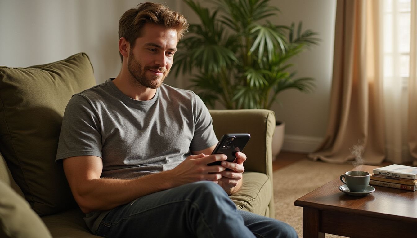 A man enjoys using his iPhone on a cozy sofa. A man enjoys using his iPhone on a cozy sofa.