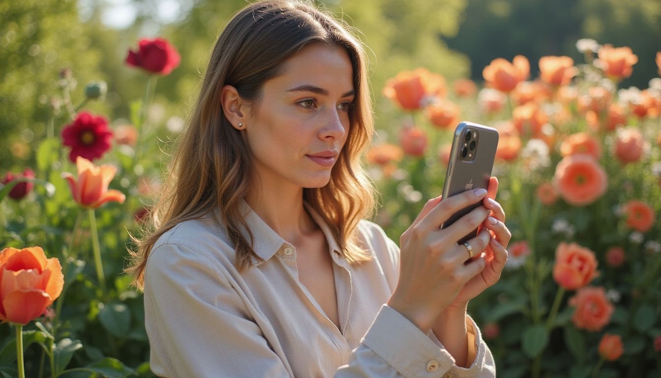 A focused woman captures a vibrant flower garden with her iPhone. A focused woman captures a vibrant flower garden with her iPhone.