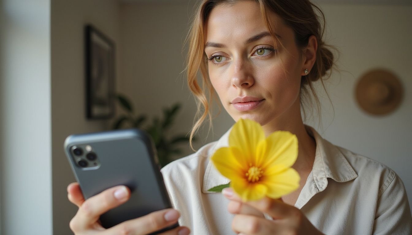 A woman focuses on a vivid yellow flower in her hand. A woman focuses on a vivid yellow flower in her hand.