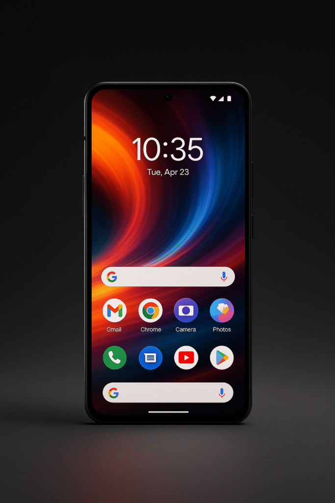 A digital photograph displays a modern smartphone (Nothing Phone 3) with its screen turned on, showcasing a vibrant and colorful interface.