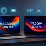 Best Laptops 2025 comparison featuring MacBook Air M3 and Lenovo Yoga Slim 7x side by side on a modern tech desk with futuristic elements.