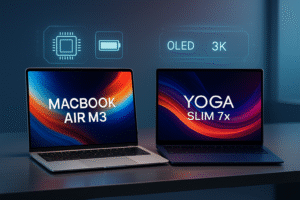 Best Laptops 2025 comparison featuring MacBook Air M3 and Lenovo Yoga Slim 7x side by side on a modern tech desk with futuristic elements.