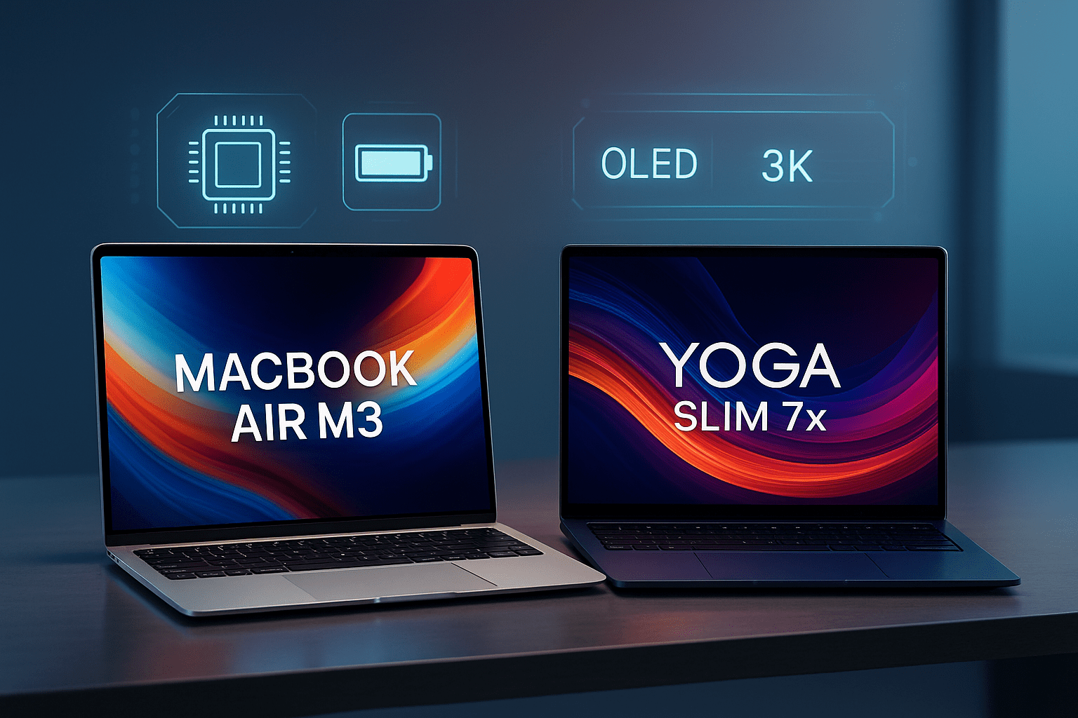 Best Laptops 2025 comparison featuring MacBook Air M3 and Lenovo Yoga Slim 7x side by side on a modern tech desk with futuristic elements.