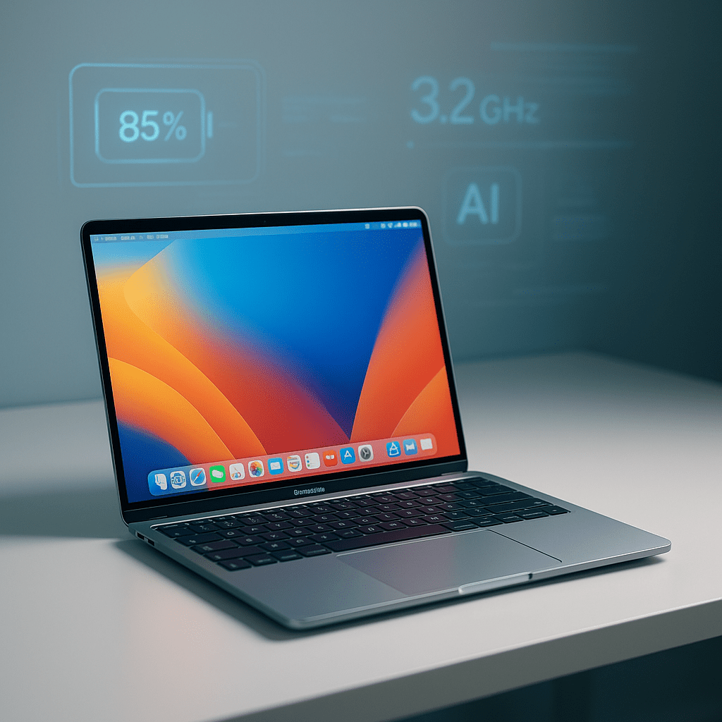 MacBook Air M3 (2025) displayed on a minimalist white desk with Liquid Retina display and futuristic digital overlays – one of the Best Laptops 2025.