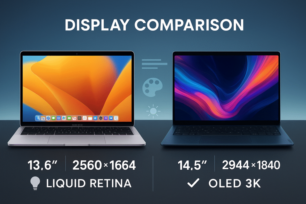 Display comparison of the Best Laptops 2025 featuring MacBook Air M3 and Lenovo Yoga Slim 7x screens.