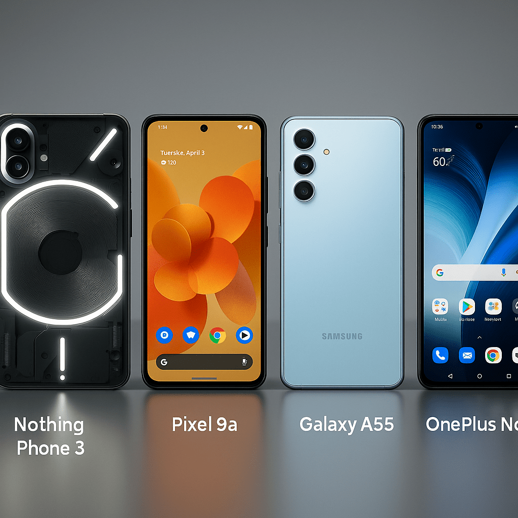  A lineup of four modern smartphones including the Nothing Phone 3, Pixel 9a, Galaxy A55, and OnePlus Nord 4 on a reflective surface, showcasing design and display differences.