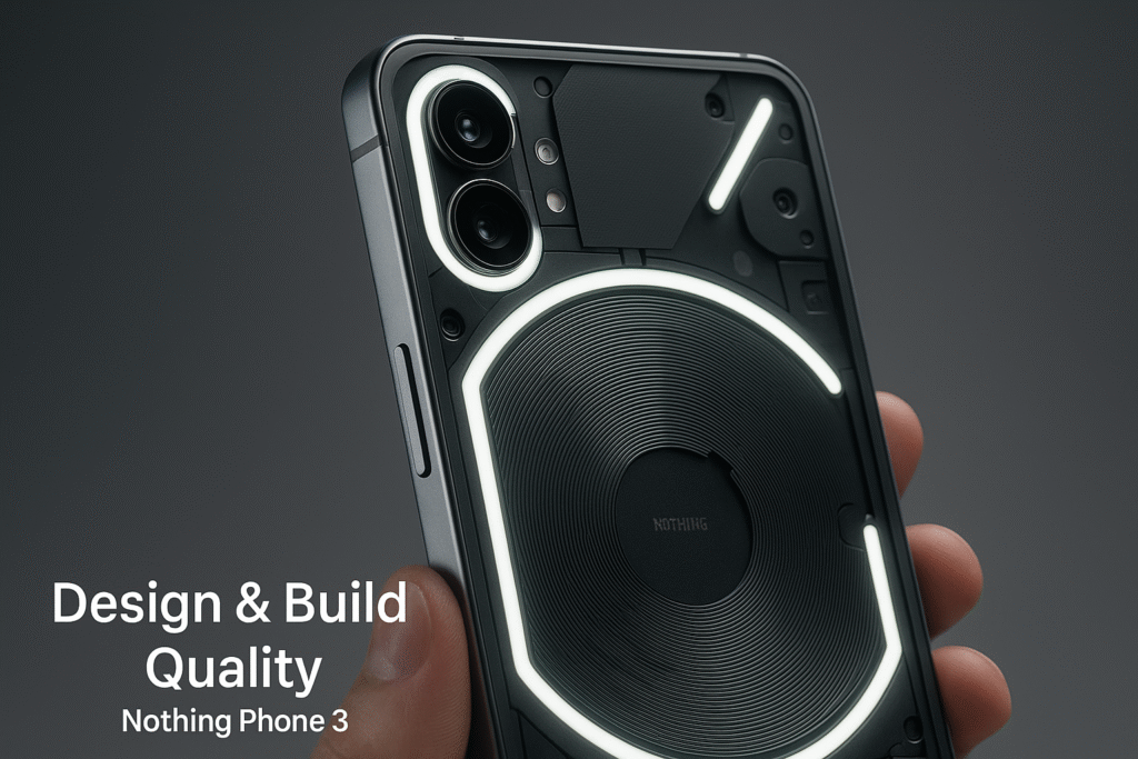 A close-up of the Nothing Phone 3’s transparent back with LED glyph lights illuminated, emphasizing its futuristic design and refined construction.
