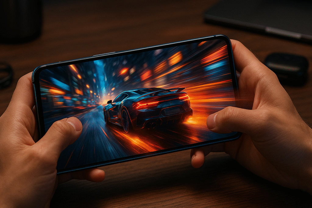 Nothing Phone 3 held in landscape mode running a 3D game, showing fast motion and bright colors.