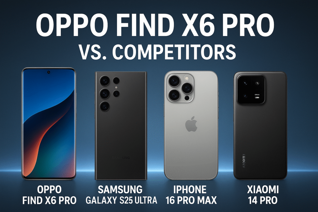 Oppo Find X6 Pro vs Competitors – Samsung Galaxy S25 Ultra, iPhone 16 Pro Max, and Xiaomi 14 Pro comparison.