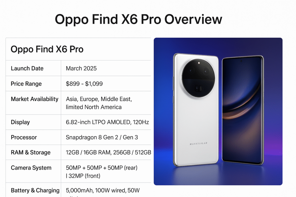 Oppo Find X6 Pro Overview with key specifications highlighted in a modern digital layout.