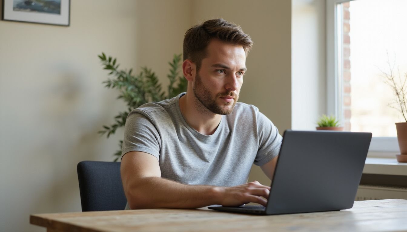 A focused man works at a minimalist home office desk.
