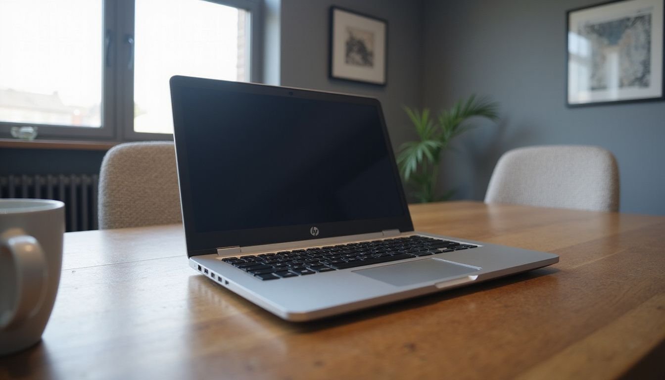 HP Spectre x360 16 laptop displayed on a polished walnut desk.