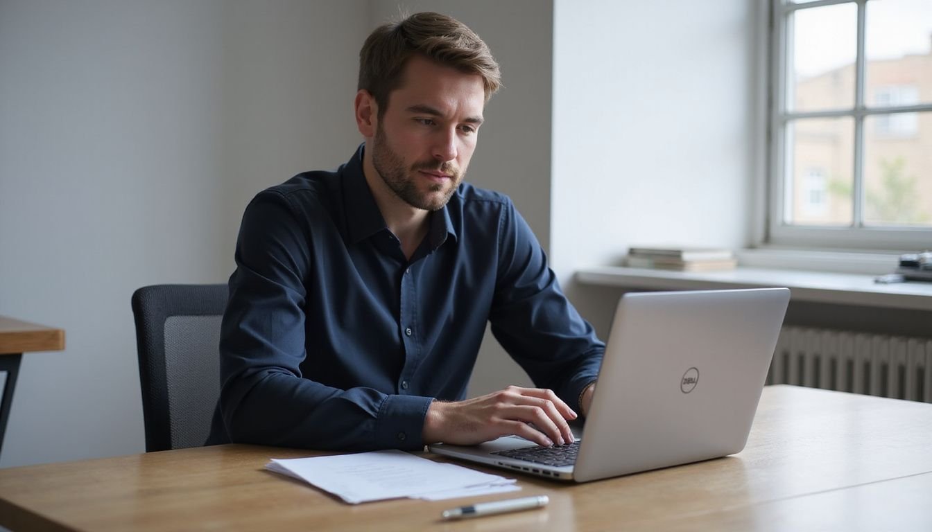 A focused man reviews the Dell XPS 15 laptop at his desk.