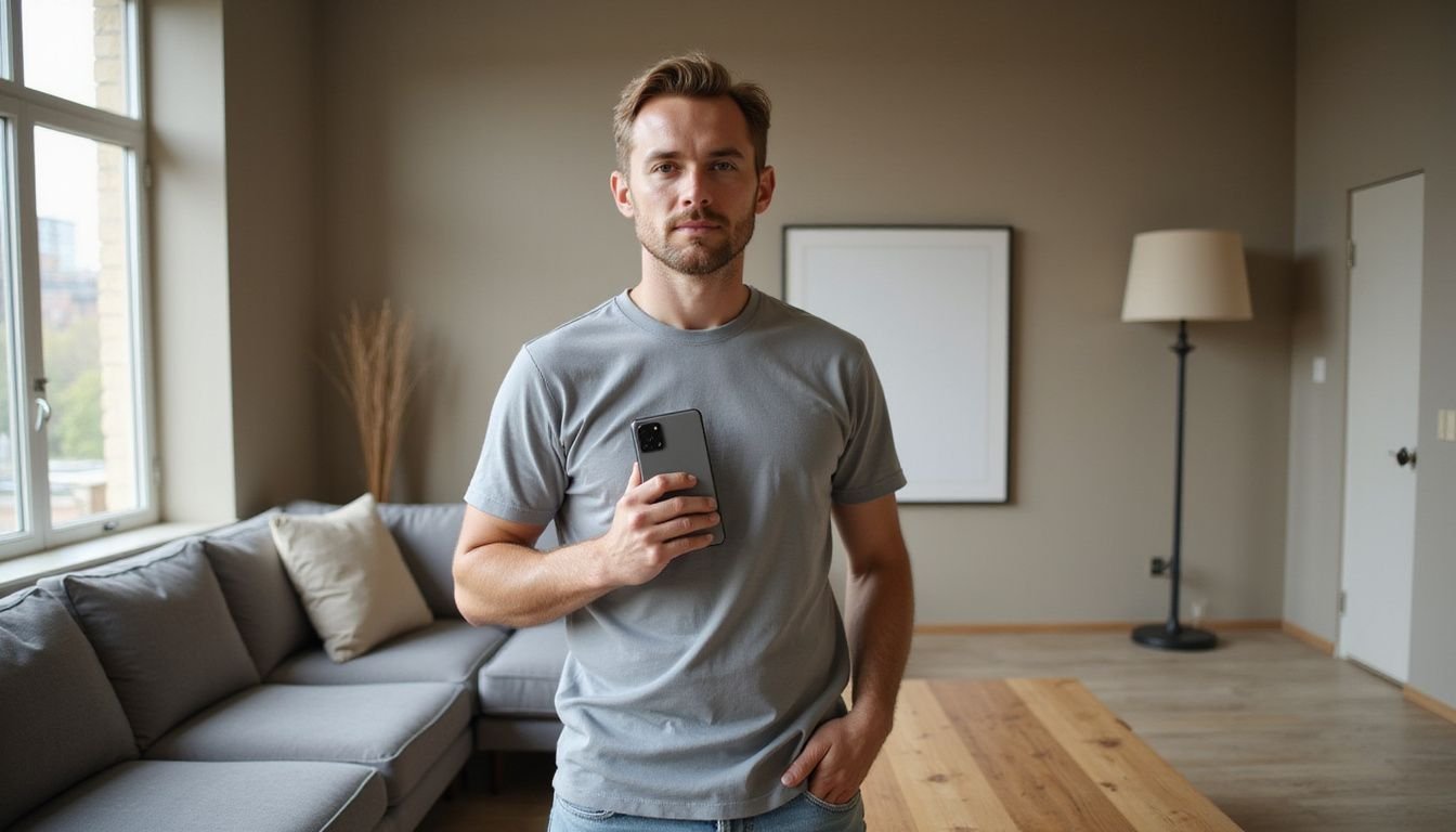 A man holds a Samsung Galaxy S25 Ultra in a modern living room.