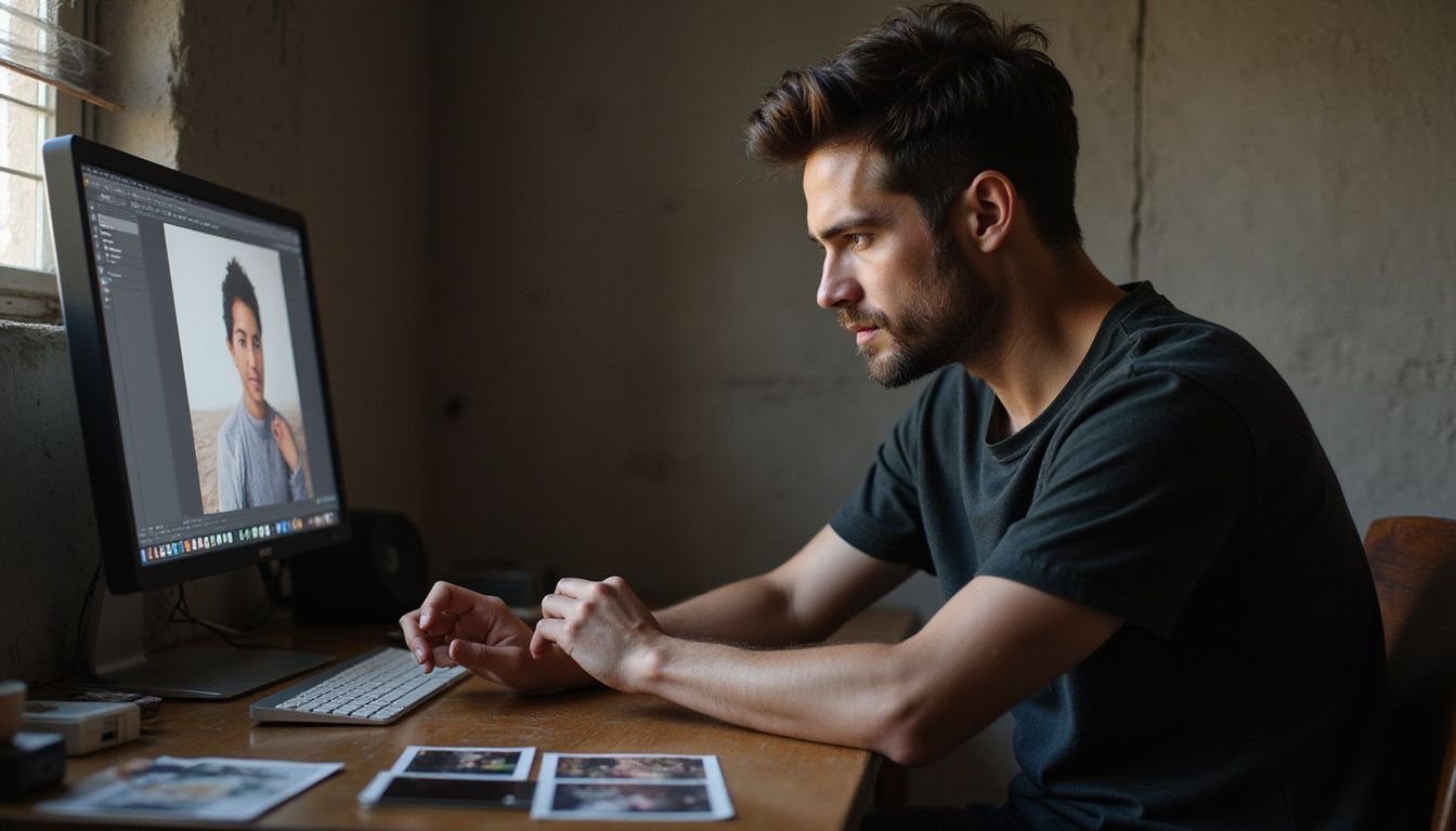 A focused individual edits photos in a cozy, creative workspace.