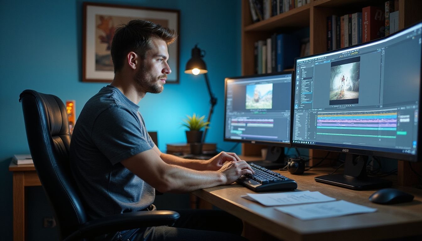 A man focused on editing software in a cluttered workspace.
