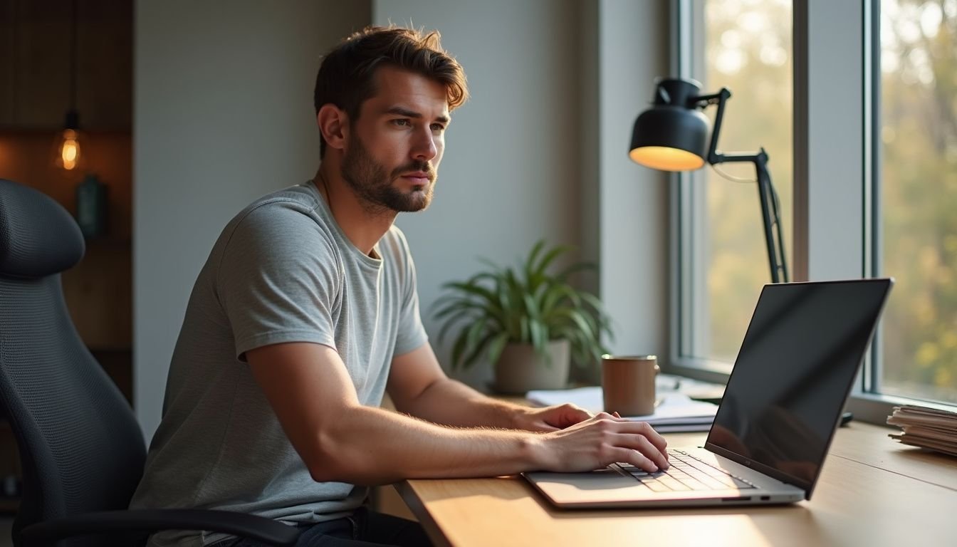 A focused individual works at a sleek wooden desk with a laptop.