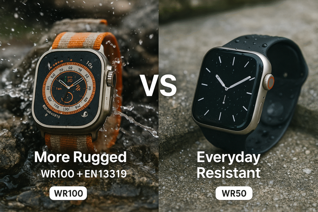 Side-by-side image of Apple Watch Ultra 2 and Series 10 placed on outdoor surfaces with visible water droplets and rugged terrain.