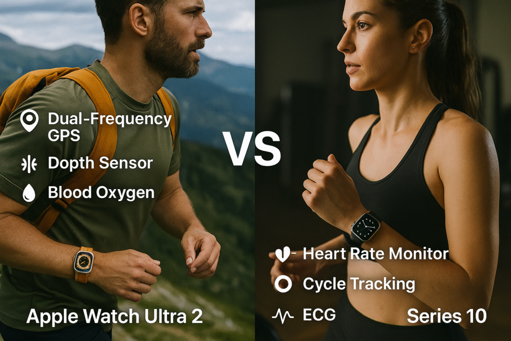 Apple Watch Ultra 2 worn by a hiker outdoors and Series 10 worn by a woman in a gym, showing fitness and health sensor comparisons.