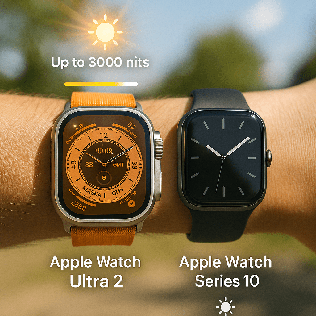 Apple Watch Ultra 2 and Series 10 worn side-by-side under direct sunlight with brightness indicators showing up to 3000 nits and 2000 nits respectively.