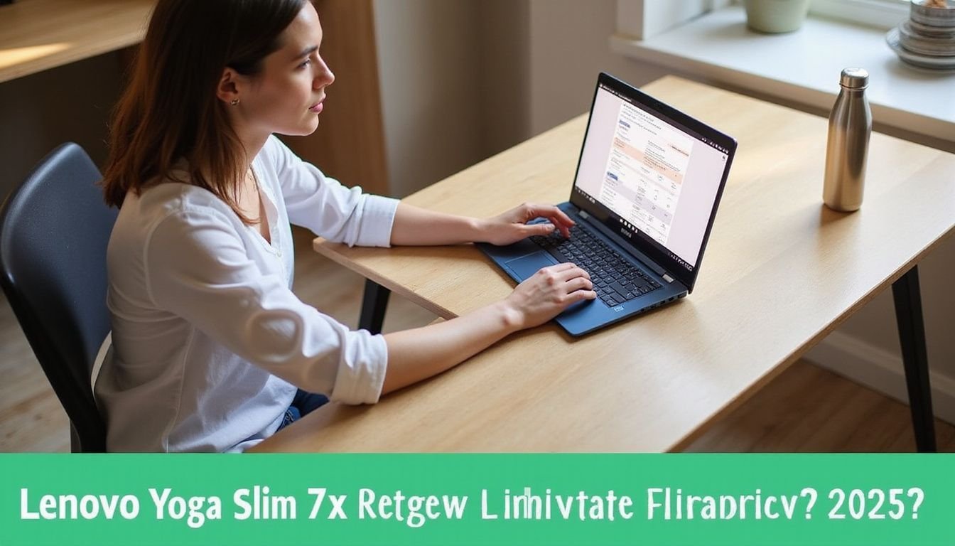 A focused professional reviews the Lenovo Yoga Slim 7x laptop.